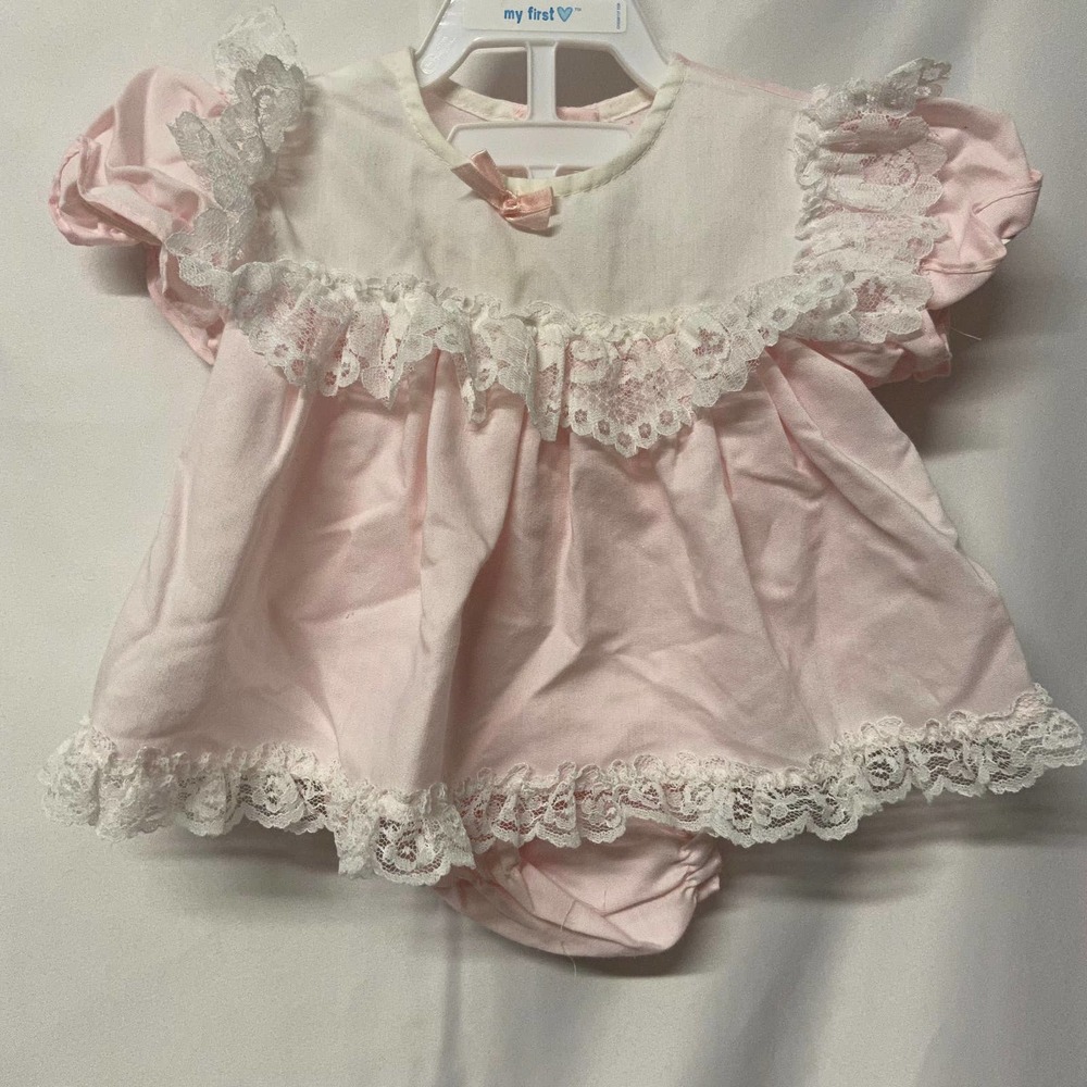 Cutest One Vintage Pink Dress w/Lace Bottoms 6-9 mos Ruffles Lacey